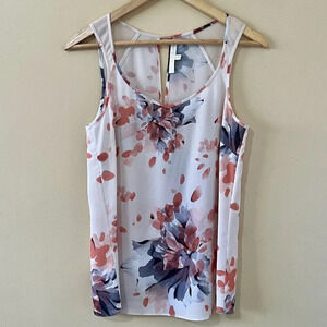 Willow & Thread| Lovely Flowy Floral Back Slit Ivory/Grey/Coral Tank Top Sz S